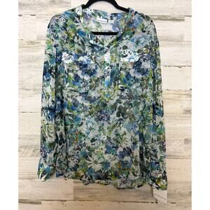Liz Claiborne Women's XL blue floral long sleeve collared blouse top new